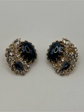 Vintage gold tone unsigned Schreiner matellic rhinestone clip earrings